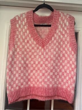 FRNCH Pink White Checkered Fuzzy Sweater Vest Size S/M Soft Knit